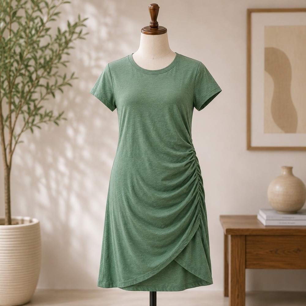 NWT Cupshe Ruched T-Shirt Dress Womens XL Green Short Sleeve Asymmetrical Hem